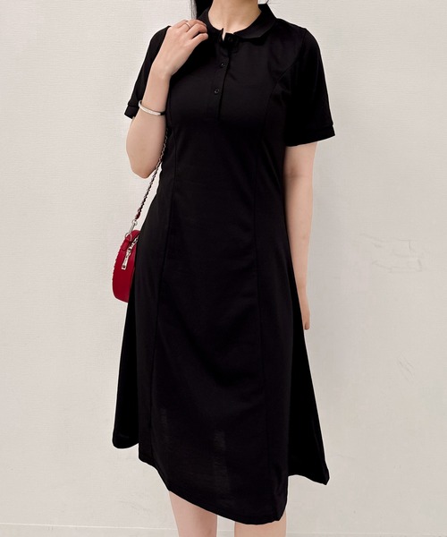 Mejoul（メジュール）の「半袖ロングポロフレアワンピース（シャツワンピース・レディース・ブラック・M）」の5枚目の写真