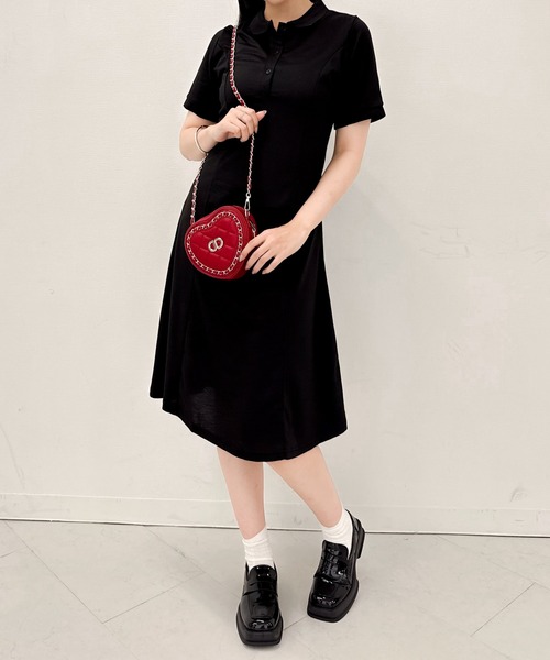 Mejoul（メジュール）の「半袖ロングポロフレアワンピース（シャツワンピース・レディース・ブラック・M）」の2枚目の写真