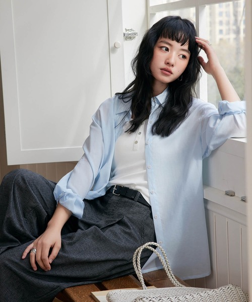 Cinderella(シンデレラ)の「シアーシャツ シアートップス レディース 夏 春 オーバーサイズ 大きめ ゆったり 長袖 大きいサイズ 涼しい 無地 きれいめ かわいい おしゃれ 袖あり 秋 透け感 薄手 薄い ブルー ネイビー ピンク ホワイト 青 水色 紺 桃 白(シャツ/ブラウス・レディース・ブルー系2/ネイビー系2/ネイビー系1/ブルー系1/ピンク系2/ホワイト系2/ホワイト系1/ピンク系1・MEDIUM/LARGE)」の12枚目の写真