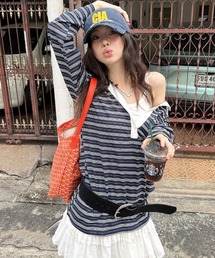 ELOOPS（イーループス）の「【ELOOPS】バイカラー ストライプPoloカラーオーバーサイズチュニックシャツ（ポロシャツ）」