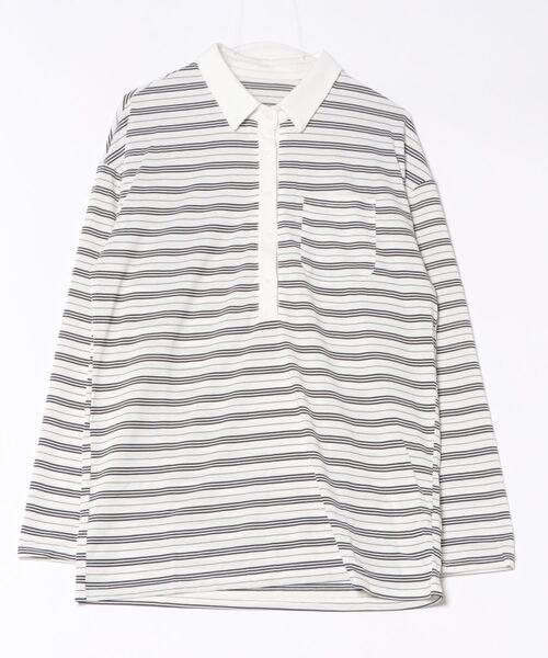 ELOOPS(イーループス)の「【ELOOPS】バイカラー ストライプPoloカラーオーバーサイズチュニックシャツ(ポロシャツ・レディース・ブラック/ホワイト/ネイビー・FREE)」の18枚目の写真
