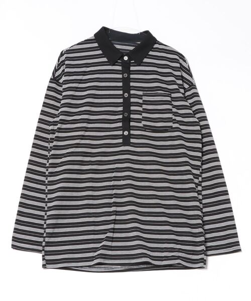 ELOOPS(イーループス)の「【ELOOPS】バイカラー ストライプPoloカラーオーバーサイズチュニックシャツ(ポロシャツ・レディース・ブラック/ホワイト/ネイビー・FREE)」の19枚目の写真