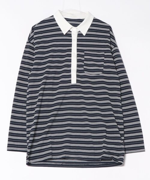 ELOOPS(イーループス)の「【ELOOPS】バイカラー ストライプPoloカラーオーバーサイズチュニックシャツ(ポロシャツ・レディース・ブラック/ホワイト/ネイビー・FREE)」の21枚目の写真