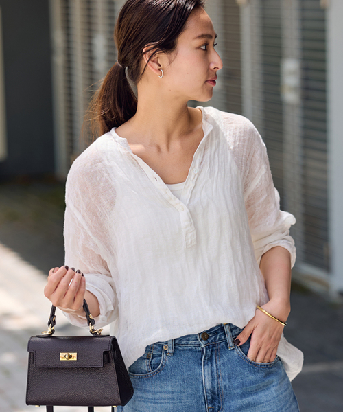 ≪追加≫LINENクレープヘンリーネックブラウス 3（シャツ/ブラウス