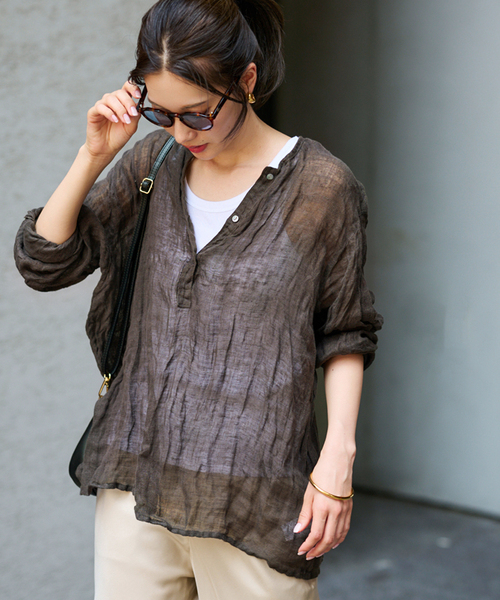 ≪追加≫LINENクレープヘンリーネックブラウス 3（シャツ/ブラウス