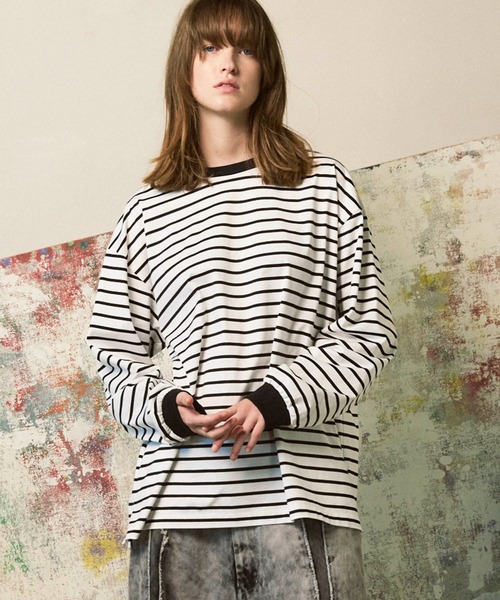 UNISEX》ULTIMA Cotton Border Prime-Over Crew Neck Long Sleeve T