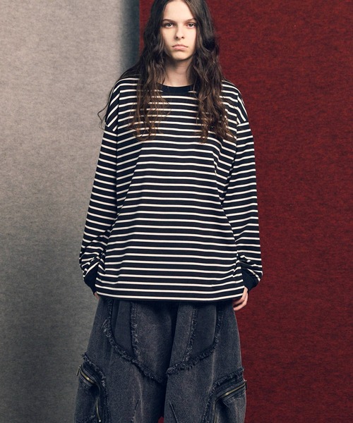 UNISEX》ULTIMA Cotton Border Prime-Over Crew Neck Long Sleeve T