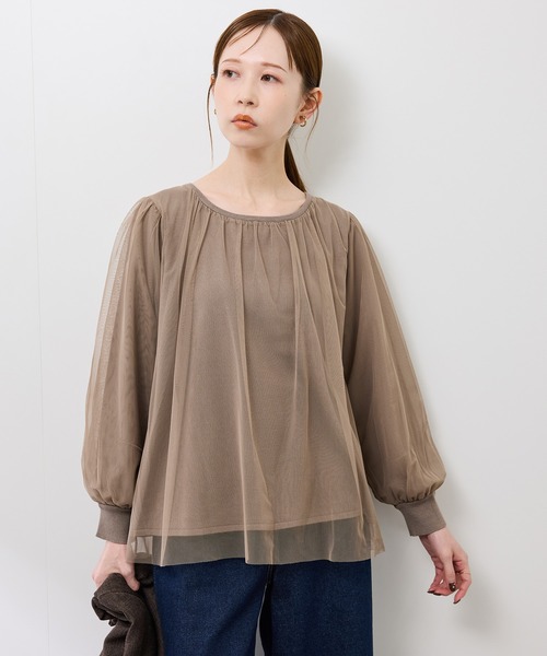 ROPE' PICNIC(ロペピクニック)の「チュールドッキングボリュームスリーブニットプルオーバー(ニット/セーター・レディース・オフホワイト/ブラック/ブラウン・FREE)」の1枚目の写真