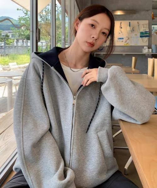 グレー ジッパー付きフード パーカー フルジップ パーカー 吸水速乾 UV対策 ワッフル トップス ドライ