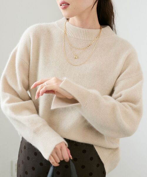 【未使用級】チャイニーズラクーン100% モックネック　ロングニット セール】モックネックチャイニーズラクーンプルオーバー（ニット