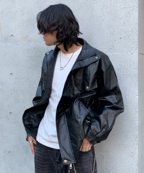 lilful(リルフル)の「オーバーサイズPUレザースタンドネックジャケット(ライダースジャケット・メンズ・ブラック・F)」の1枚目の写真