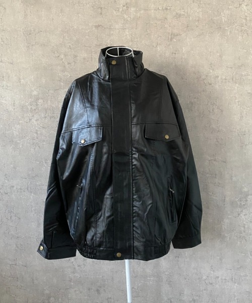 lilful(リルフル)の「オーバーサイズPUレザースタンドネックジャケット(ライダースジャケット・メンズ・ブラック・F)」の2枚目の写真