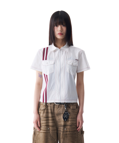 トップス smile 2-Lined Zip-Up Half Shirts (White)