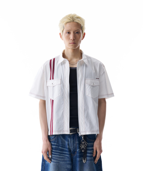 2-Lined Zip-Up Half Shirts (White)