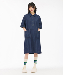 女性デニムシャツカラーワンピース - ネイビー