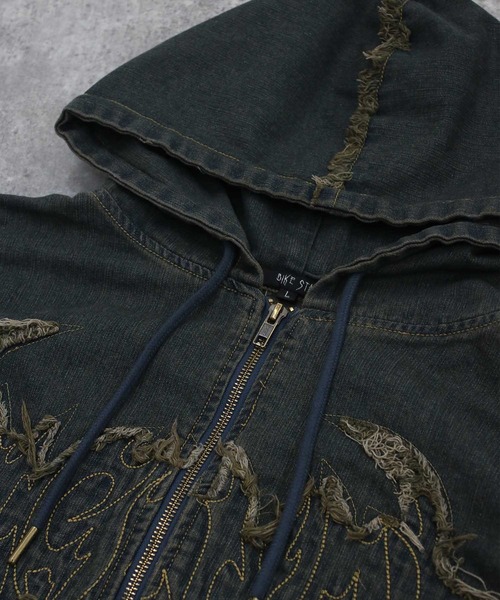 NYLAUS（ナイラス）の「【NYS】トライバル刺繍 ヴィンテージ フリンジ デニムダブルジップパーカー ZIPパーカー（パーカー・メンズ・ブルー/ブラック・M/L）」の12枚目の写真