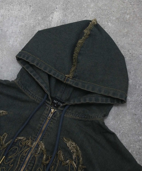 NYLAUS（ナイラス）の「【NYS】トライバル刺繍 ヴィンテージ フリンジ デニムダブルジップパーカー ZIPパーカー（パーカー・メンズ・ブルー/ブラック・M/L）」の13枚目の写真