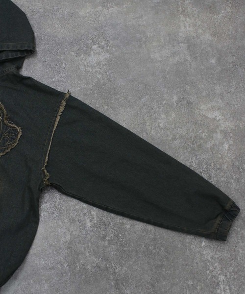 NYLAUS（ナイラス）の「【NYS】トライバル刺繍 ヴィンテージ フリンジ デニムダブルジップパーカー ZIPパーカー（パーカー・メンズ・ブルー/ブラック・M/L）」の14枚目の写真