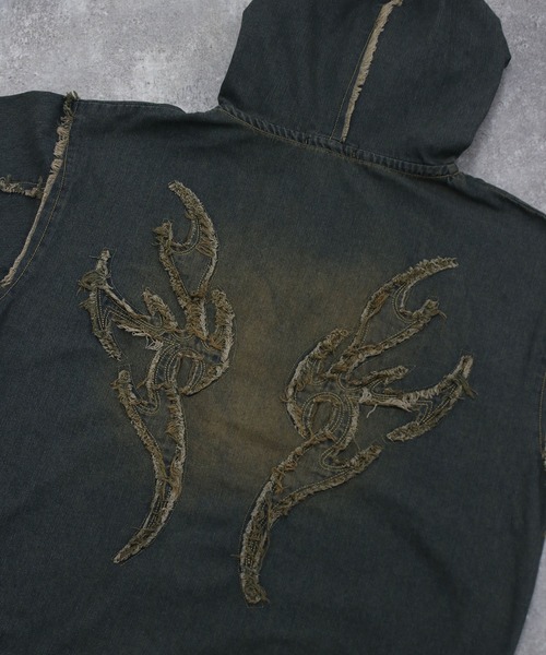 NYLAUS（ナイラス）の「【NYS】トライバル刺繍 ヴィンテージ フリンジ デニムダブルジップパーカー ZIPパーカー（パーカー・メンズ・ブルー/ブラック・M/L）」の11枚目の写真
