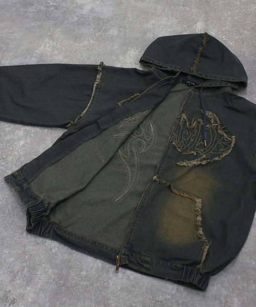 NYLAUS（ナイラス）の「【NYS】トライバル刺繍 ヴィンテージ フリンジ デニムダブルジップパーカー ZIPパーカー（パーカー・メンズ・ブルー/ブラック・M/L）」の8枚目の写真