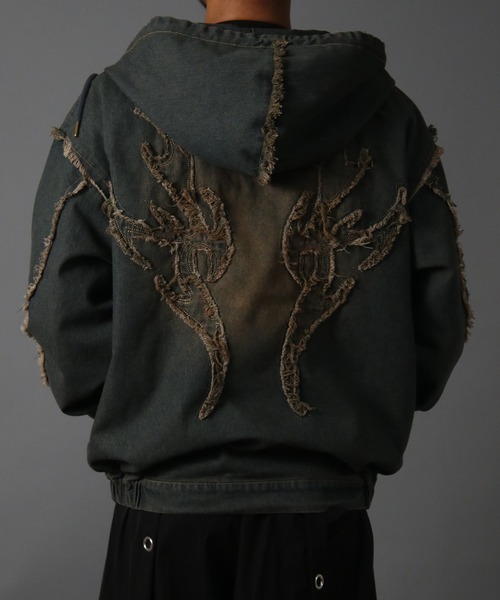 NYLAUS（ナイラス）の「【NYS】トライバル刺繍 ヴィンテージ フリンジ デニムダブルジップパーカー ZIPパーカー（パーカー・メンズ・ブルー/ブラック・M/L）」の19枚目の写真