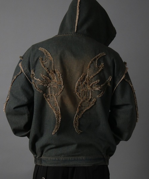 NYLAUS（ナイラス）の「【NYS】トライバル刺繍 ヴィンテージ フリンジ デニムダブルジップパーカー ZIPパーカー（パーカー・メンズ・ブルー/ブラック・M/L）」の22枚目の写真