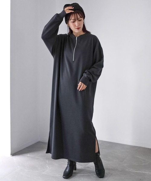 Riberry(リベリー)の「ハーフジップ2WAY裏毛スウェットワンピース(ワンピース・レディース・チャコールグレー/杢グレー・FREE)」の4枚目の写真