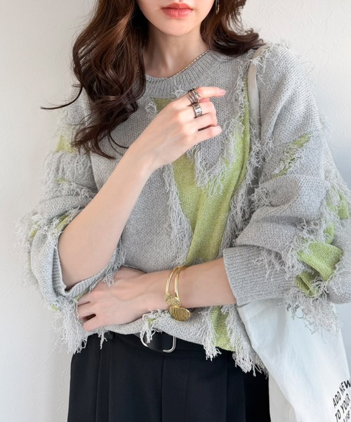 セール】コーデの主役級！華やぐフリンジ配色ジャガードオーバーサイズ