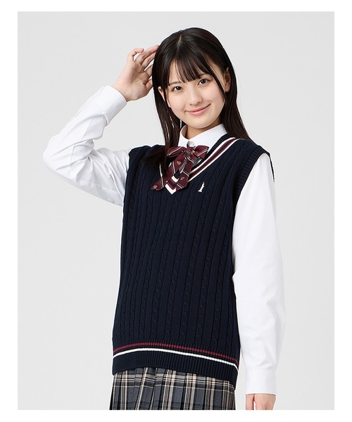 EASTBOY(イーストボーイ)の「ベスト ケーブル ライン入り 綿 7G 女子 制服 学生服 高校生 スクール (ベスト・キッズ・オフホワイト/ライトグレー/ネイビー・9号/13号/11号)」の1枚目の写真