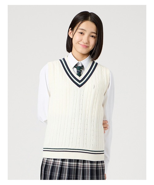 EASTBOY(イーストボーイ)の「ベスト ケーブル ライン入り 綿 7G 女子 制服 学生服 高校生 スクール (ベスト・キッズ・オフホワイト/ライトグレー/ネイビー・9号/13号/11号)」の2枚目の写真