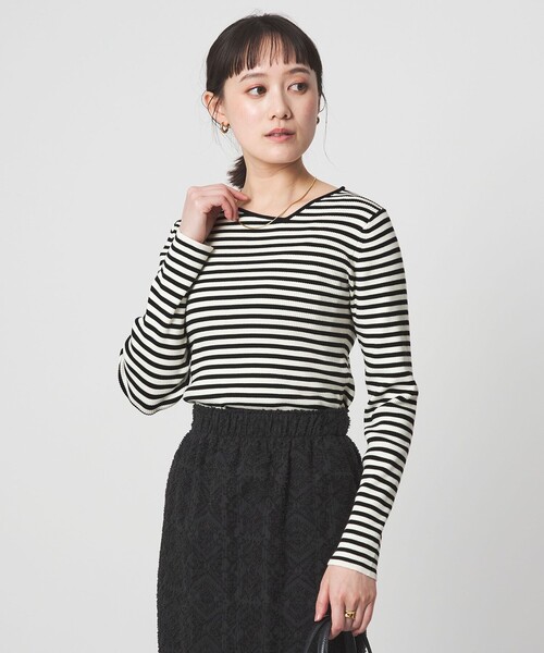 green label relaxing(グリーンレーベルリラクシング)の「<1_OF MINE>リブ アシンメトリー ネック プルオーバー ニット(ニット/セーター・レディース・ライトピンク/その他1/ネイビー/ホワイト・FREE)」の4枚目の写真