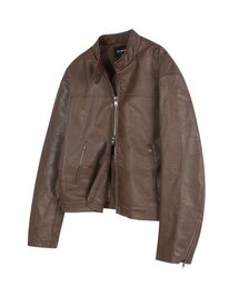 シンセティックレザー クロップバイカージャケット - ブラウン