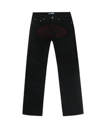 GRAM OUNCE POUND（グラムオンスポンド）の「RA Globe Oval Logo Black Jeans_Red Printed（デニムパンツ）」