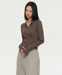 ウィメンズリブスリムフード付き長袖Tシャツ[ダスティブラウン]