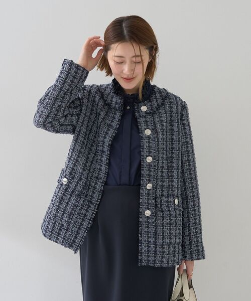 YECCA VECCA（イェッカヴェッカ）の「ノーカラーツイードジャケット（テーラードジャケット・レディース・ブルー/グレー・FREE）」の2枚目の写真