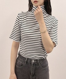 【ゆるタートルで、首元の日焼け対策にも◎】テレコ リブ タートルネック ５分袖Tシャツ