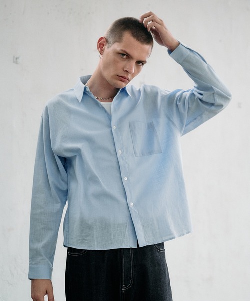 Regen Glanz(レーゲングランツ)の「textured urban cropped shirt / テクスチャーアーバンクロップドシャツ(シャツ/ブラウス・メンズ・グレイッシュベージュ/ブルー/スモークピンク・SMALL/LARGE/MEDIUM)」の15枚目の写真