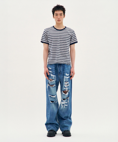 PROCESS（プロセス）の「Stripe Short-Sleeve Ringer Tee - Navy（Tシャツ/カットソー・メンズ・ネイビー・FREE）」の2枚目の写真