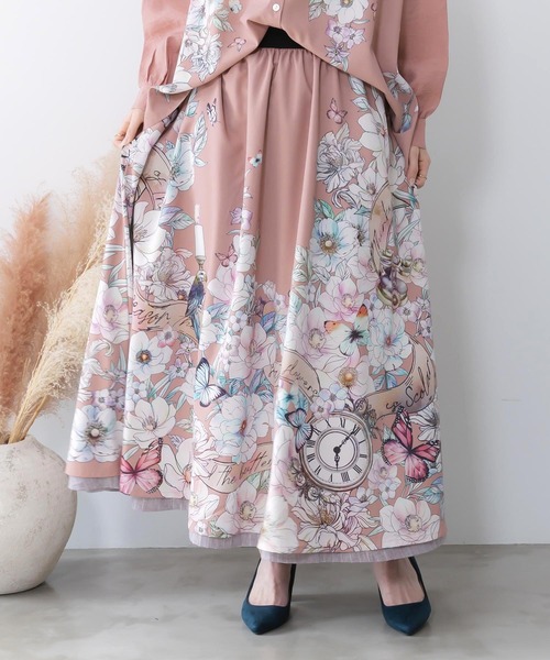 iS ScoLar(イズスカラー)の「561217:花柄布帛×ラメ入りストライプ柄 リバーシブルスカート(スカート・レディース・アイボリー/ブラック/ピンク・M)」の1枚目の写真