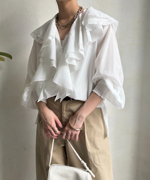 DouDou(ドゥドゥ)の「ラッフルブラウス(シャツ/ブラウス・レディース・イエロー/ホワイト・FREE)」の10枚目の写真