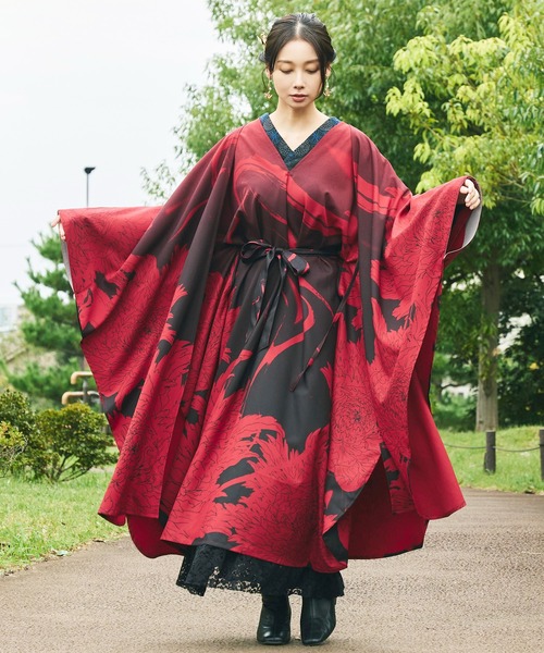 倭物やカヤ(ワモノヤカヤ)の「【倭物やカヤ】花墨ワンピース(ワンピース・レディース・イエロー/エンジ/ネイビー・FREE)」の11枚目の写真