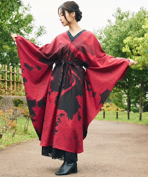 倭物やカヤ(ワモノヤカヤ)の「【倭物やカヤ】花墨ワンピース(ワンピース・レディース・イエロー/エンジ/ネイビー・FREE)」の8枚目の写真