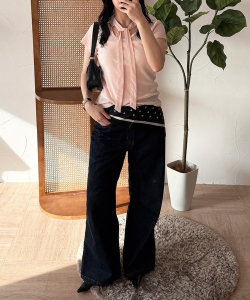 MUHET(ミュエータ)の「sheer velours front tie design top / シアーベロアフロントタイデザイントップス(Tシャツ/カットソー・レディース・ネイビー/ピンク/ブラウン・FREE)」の21枚目の写真
