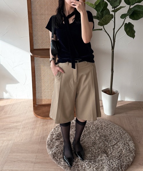 MUHET(ミュエータ)の「sheer velours front tie design top / シアーベロアフロントタイデザイントップス(Tシャツ/カットソー・レディース・ネイビー/ピンク/ブラウン・FREE)」の6枚目の写真