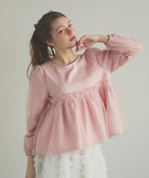 MERAKI(メラキ)の「ドットチュールペプラムトップス(その他トップス・レディース・ブラック/ピンク/ホワイト・FREE)」の3枚目の写真
