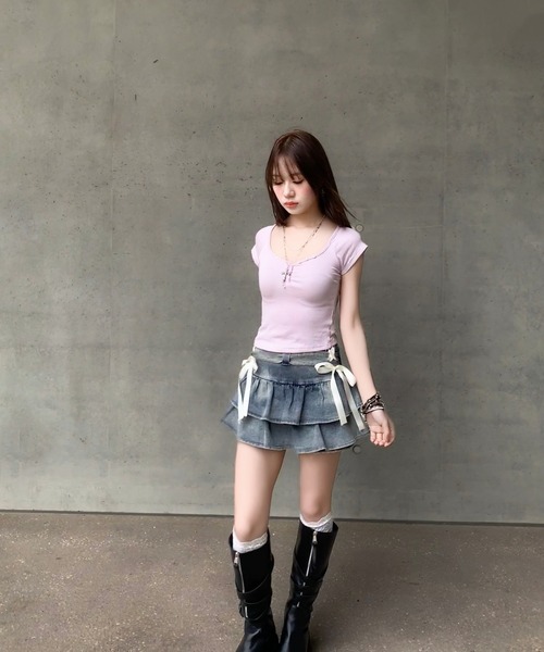 VEILA(ヴェイラ)の「リボンデザインフリルデニムミニスカート(スカート・レディース・ブラック/ブルー・L/M/S)」の17枚目の写真