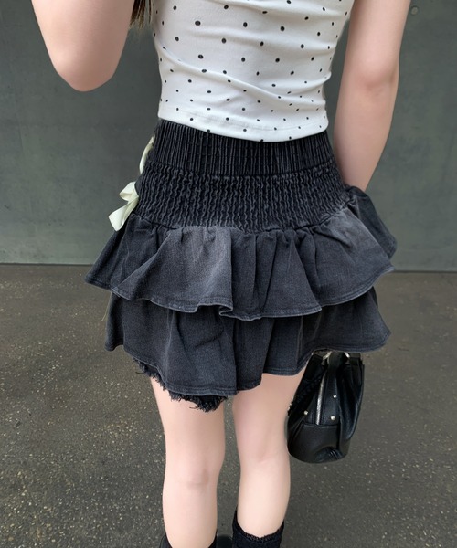 VEILA(ヴェイラ)の「リボンデザインフリルデニムミニスカート(スカート・レディース・ブラック/ブルー・L/M/S)」の7枚目の写真