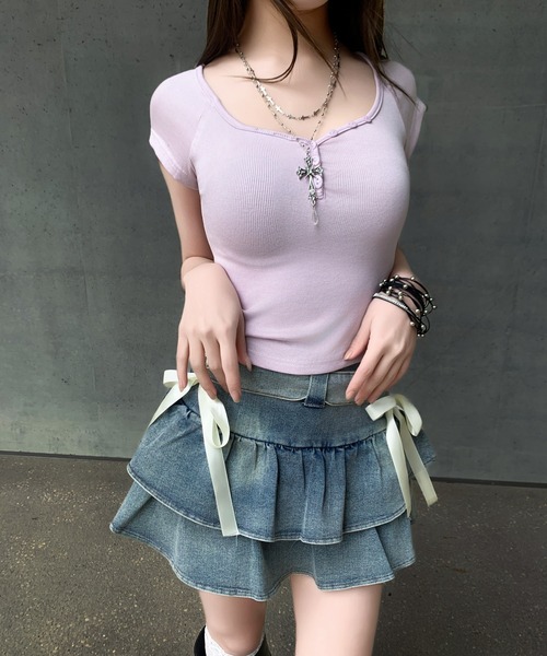 VEILA(ヴェイラ)の「リボンデザインフリルデニムミニスカート(スカート・レディース・ブラック/ブルー・L/M/S)」の13枚目の写真