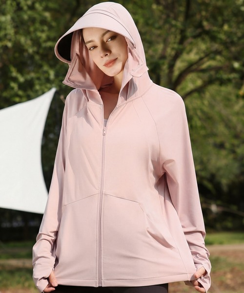 aimoha(アイモハ)の「UVカット 接触冷感 フェイスカバー付き フード付きジップパーカー (LV)(パーカー・レディース・ピンク/ホワイト/ライトグレー・LARGE/MEDIUM)」の10枚目の写真