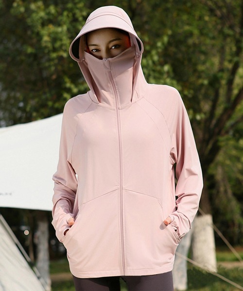 aimoha(アイモハ)の「UVカット 接触冷感 フェイスカバー付き フード付きジップパーカー (LV)(パーカー・レディース・ピンク/ホワイト/ライトグレー・LARGE/MEDIUM)」の12枚目の写真